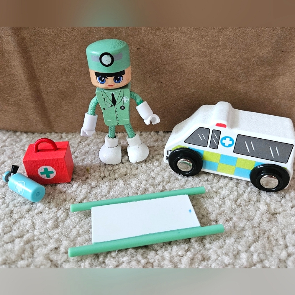 J'adore Wood Toy Playset | Dr. Steve | Ambulance | Tools | 5 Piece Set | Kids